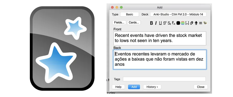 Tela do Anki com um card em inglês e a tradução em português