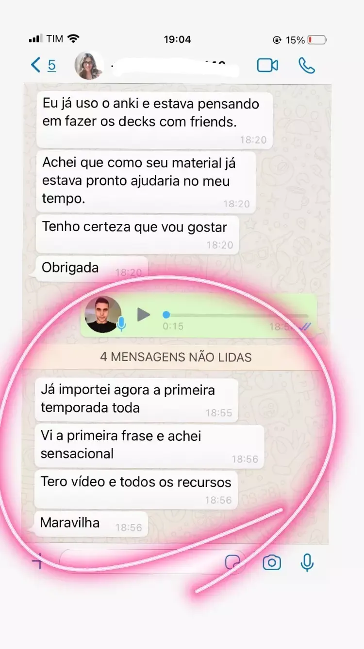 Depoimento de aluno no WhatsApp